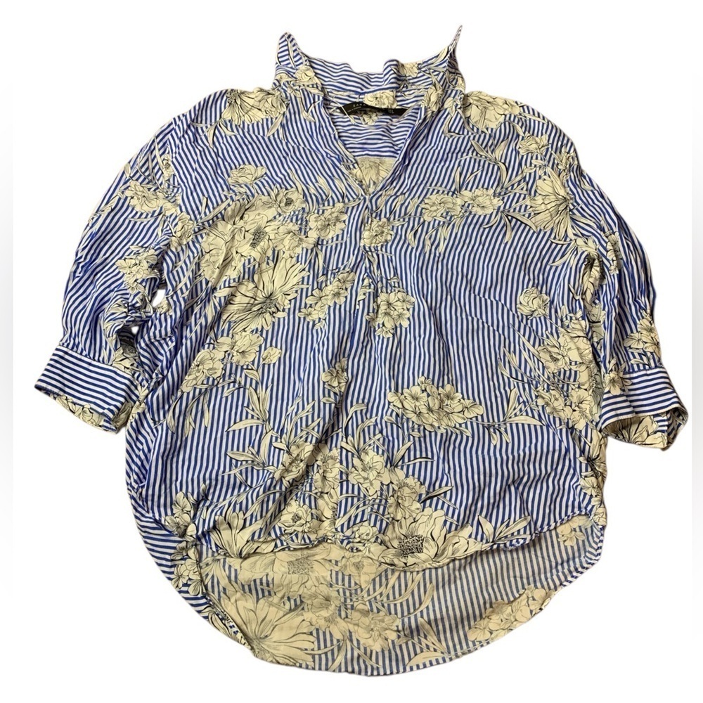 Zara Blue Striped Floral Viscose V-Neck Blouse Oversized Flowy Tunic Top S